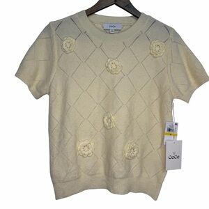 CeCe Dupraz Diamond Stitch Sweater size Medium Cream Yellow Flower